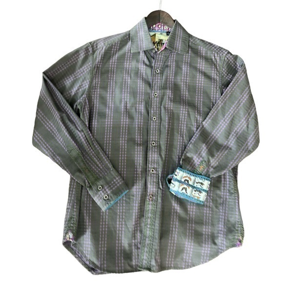Robert Graham Checked Embroidered Shirt Button Mousttache Cuffs Medium Purple